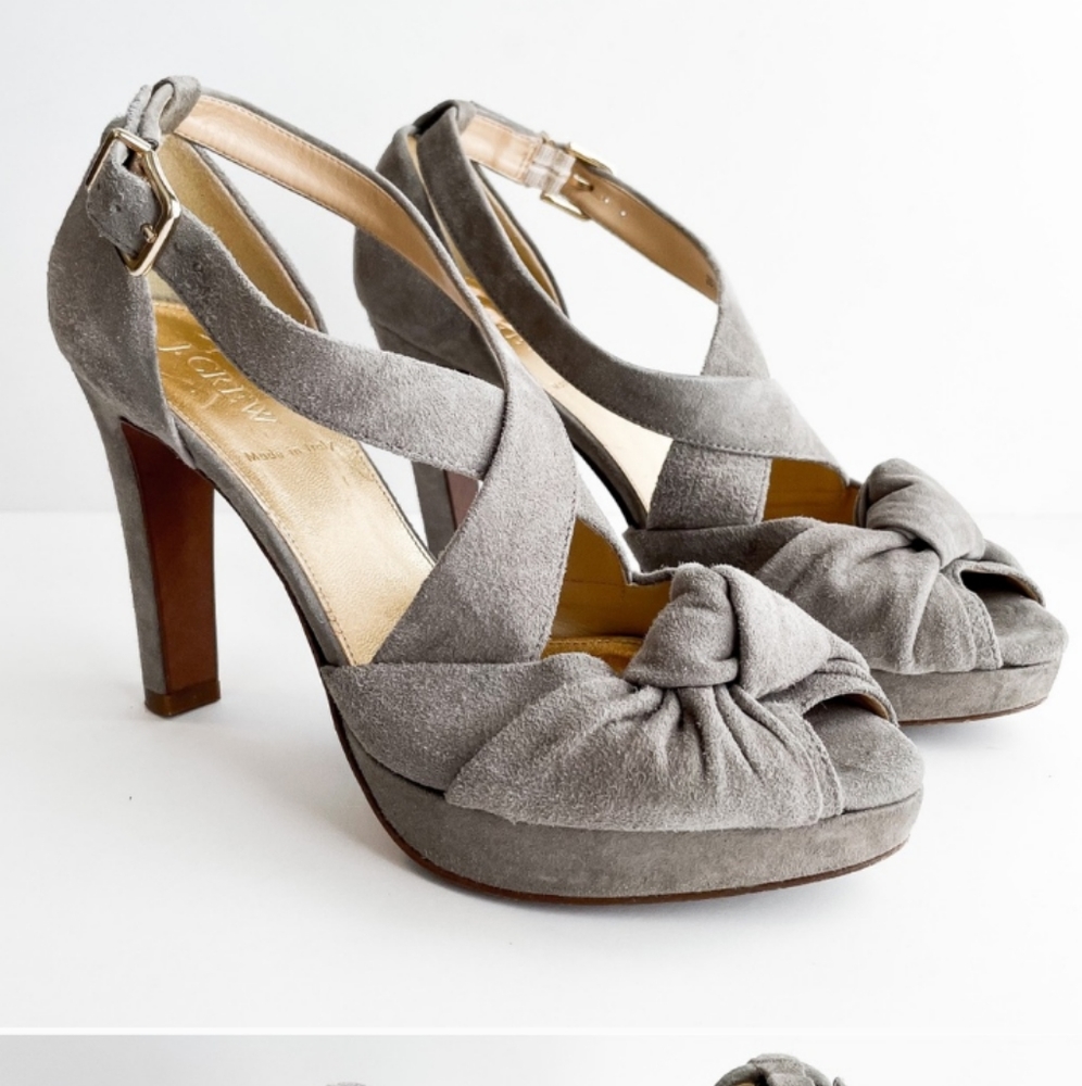 J Crew Gray Suede Love Me Knot Peep Toe Heels